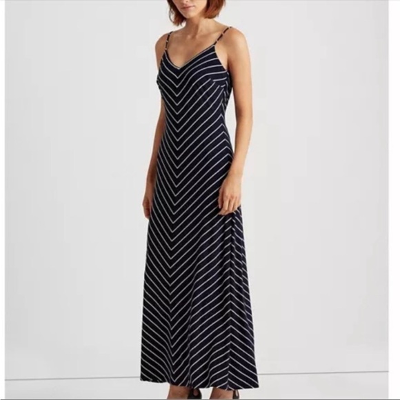 Lauren Ralph Lauren Chevron Jersey Maxi Dress Navy and White Size 10 NWT - Picture 1 of 12